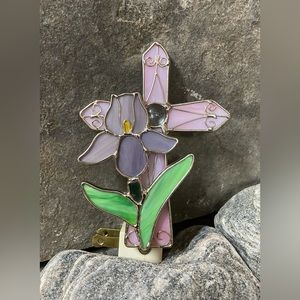 Handmade Stained Glass Cross & Iris Plug-in Night Light.